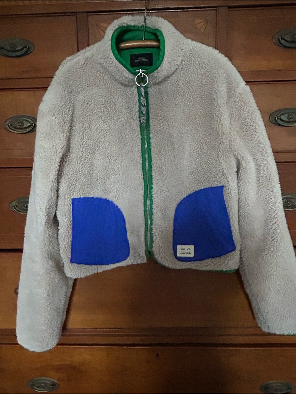 Urban Outfitters Beige Sherpa Puffer Jacket with Blue Pockets and Green Trim